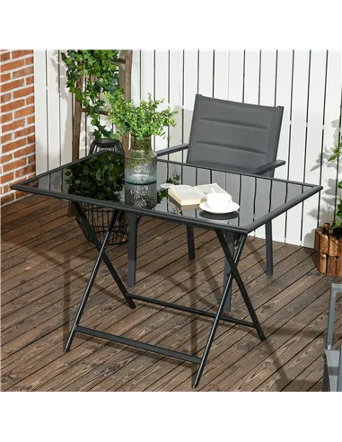 Outsunny Folding Outdoor Dining Table for 6, Rectangle Garden Table Tempered Glass Top with Parasol Hole Garden Lawn Backyard, 1