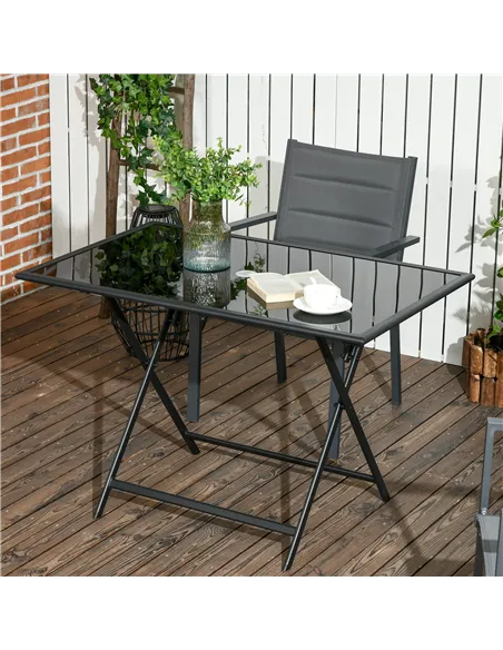 Outsunny Folding Outdoor Dining Table for 6, Rectangle Garden Table Tempered Glass Top with Parasol Hole Garden Lawn Backyard, 1
