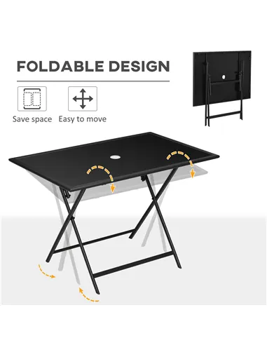 Outsunny Folding Outdoor Dining Table for 6, Rectangle Garden Table Tempered Glass Top with Parasol Hole Garden Lawn Backyard, 1