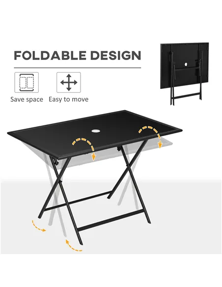 Outsunny Folding Outdoor Dining Table for 6, Rectangle Garden Table Tempered Glass Top with Parasol Hole Garden Lawn Backyard, 1