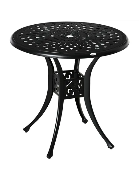 Outsunny 78 cm Round Garden Dining Table with Parasol Hole Antique Cast Aluminium Outdoor Table Only, Black