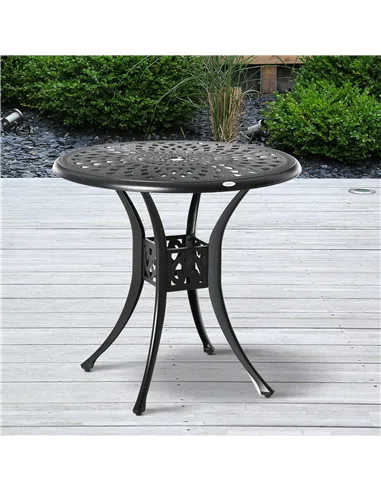 Outsunny 78 cm Round Garden Dining Table with Parasol Hole Antique Cast Aluminium Outdoor Table Only, Black