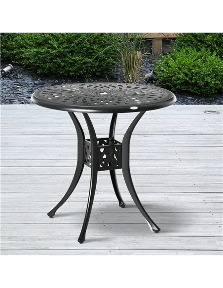 Outsunny 78 cm Round Garden Dining Table with Parasol Hole Antique Cast Aluminium Outdoor Table Only, Black