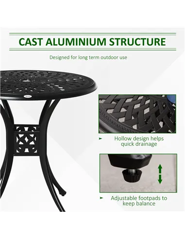 Outsunny 78 cm Round Garden Dining Table with Parasol Hole Antique Cast Aluminium Outdoor Table Only, Black
