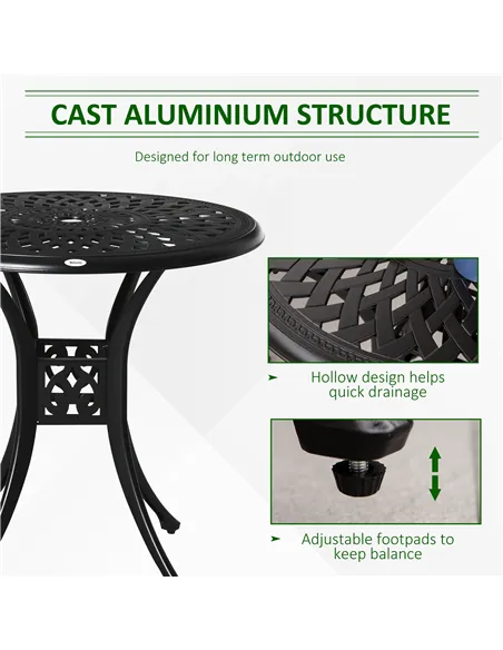 Outsunny 78 cm Round Garden Dining Table with Parasol Hole Antique Cast Aluminium Outdoor Table Only, Black