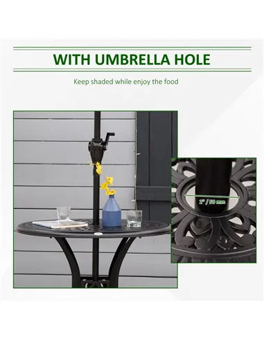 Outsunny 78 cm Round Garden Dining Table with Parasol Hole Antique Cast Aluminium Outdoor Table Only, Black