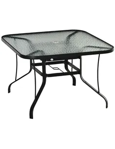 Outsunny Square Outdoor Garden Dining Table with Parasol Hole, Tempered Glass Top, Steel Frame for Garden, Lawn, Patio, Black
