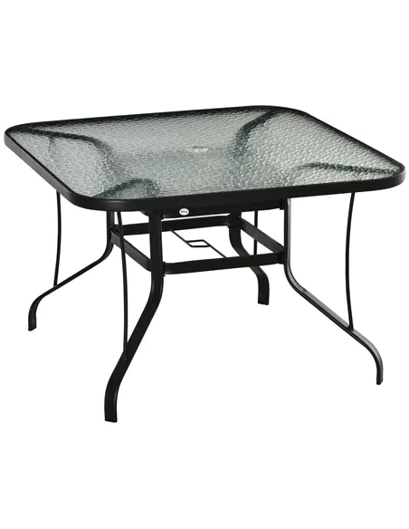 Outsunny Square Outdoor Garden Dining Table with Parasol Hole, Tempered Glass Top, Steel Frame for Garden, Lawn, Patio, Black