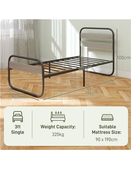 HOMCOM 3ft Single Bed Frame, Industrial Style Metal Platform Bed Frame with Under Bed Storage, No Box Spring Needed, Easy Assemb