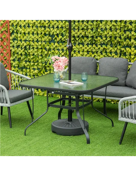 Outsunny Square Outdoor Garden Dining Table with Parasol Hole, Tempered Glass Top, Steel Frame for Garden, Lawn, Patio, Black