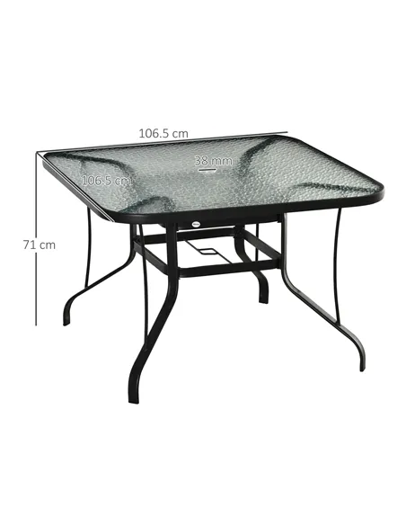 Outsunny Square Outdoor Garden Dining Table with Parasol Hole, Tempered Glass Top, Steel Frame for Garden, Lawn, Patio, Black