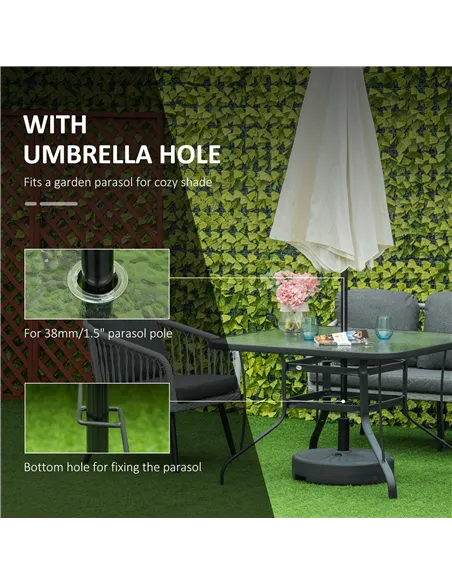 Outsunny Square Outdoor Garden Dining Table with Parasol Hole, Tempered Glass Top, Steel Frame for Garden, Lawn, Patio, Black