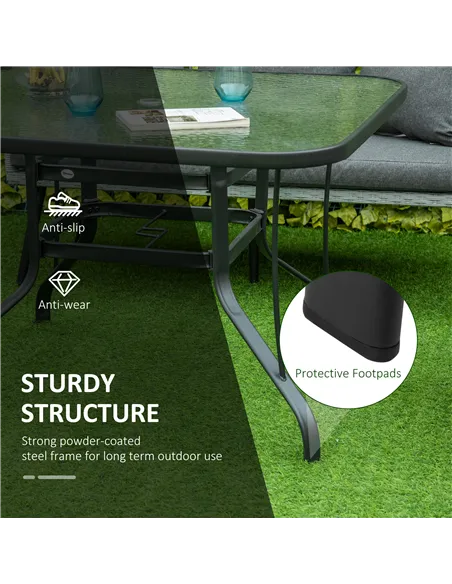 Outsunny Square Outdoor Garden Dining Table with Parasol Hole, Tempered Glass Top, Steel Frame for Garden, Lawn, Patio, Black