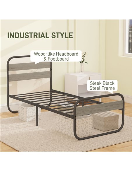 HOMCOM 3ft Single Bed Frame, Industrial Style Metal Platform Bed Frame with Under Bed Storage, No Box Spring Needed, Easy Assemb