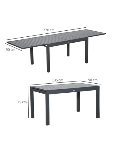 Outsunny Extendable Garden Table 135-270cm x 90cm x 75cm, 10 Seater Outdoor Dining Table with Aluminium Frame for Lawn, Balcony 