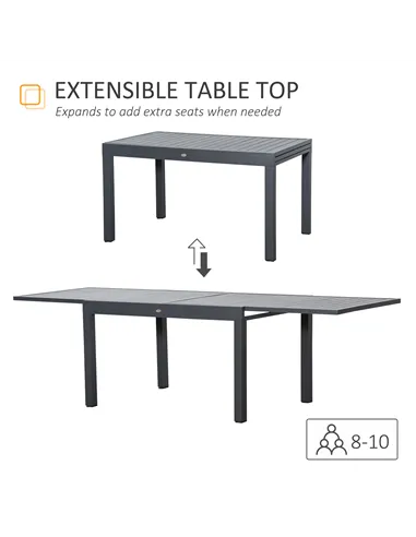 Outsunny Extendable Garden Table 135-270cm x 90cm x 75cm, 10 Seater Outdoor Dining Table with Aluminium Frame for Lawn, Balcony 