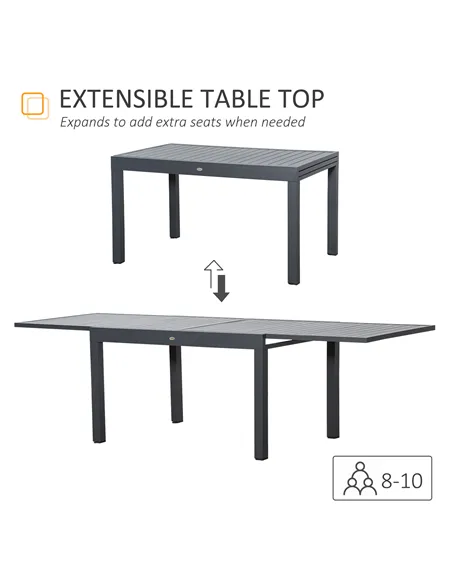Outsunny Extendable Garden Table 135-270cm x 90cm x 75cm, 10 Seater Outdoor Dining Table with Aluminium Frame for Lawn, Balcony 