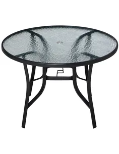 Outsunny 106cm Round Garden Dining Table with Parasol Hole Tempered Glass Top Steel Frame