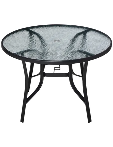 Outsunny 106cm Round Garden Dining Table with Parasol Hole Tempered Glass Top Steel Frame
