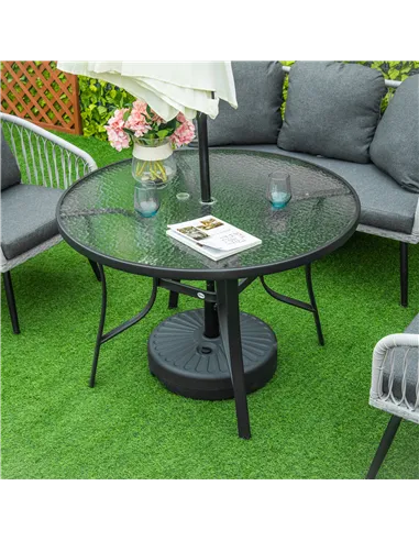 Outsunny 106cm Round Garden Dining Table with Parasol Hole Tempered Glass Top Steel Frame