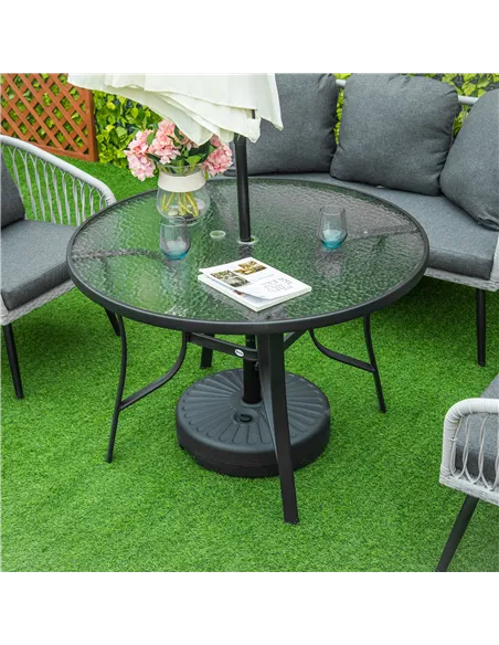 Outsunny 106cm Round Garden Dining Table with Parasol Hole Tempered Glass Top Steel Frame