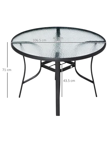 Outsunny 106cm Round Garden Dining Table with Parasol Hole Tempered Glass Top Steel Frame