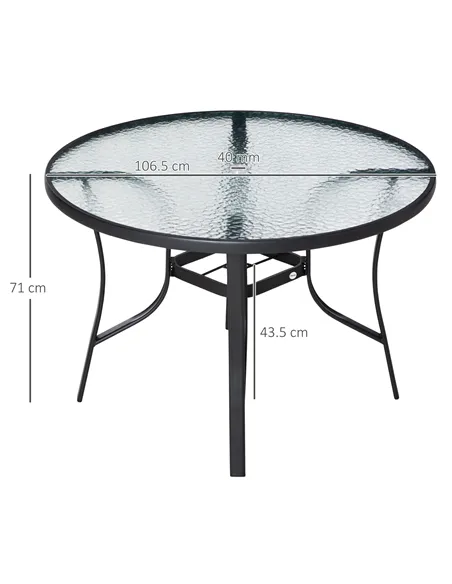 Outsunny 106cm Round Garden Dining Table with Parasol Hole Tempered Glass Top Steel Frame