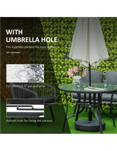 Outsunny 106cm Round Garden Dining Table with Parasol Hole Tempered Glass Top Steel Frame
