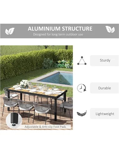 Outsunny Aluminium Outdoor Garden Dining Table for 8 People, Faux Wood Top, for Garden, Patio, 190 x 90 x 74 cm, Natural