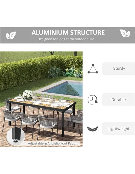 Outsunny Aluminium Outdoor Garden Dining Table for 8 People, Faux Wood Top, for Garden, Patio, 190 x 90 x 74 cm, Natural
