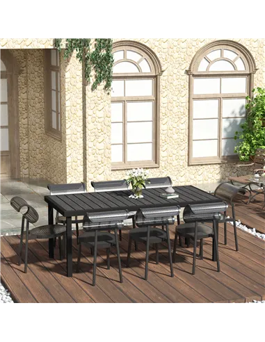Outsunny Aluminium Outdoor Garden Dining Table for 8 People, Faux Wood Top, for Garden, Patio, 190 x 90 x 74cm, Black