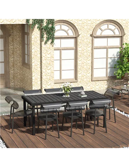Outsunny Aluminium Outdoor Garden Dining Table for 8 People, Faux Wood Top, for Garden, Patio, 190 x 90 x 74cm, Black
