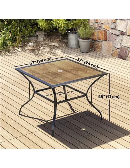 Outsunny Outdoor Garden Table Dining Table for 4 with Parasol Hole, Stone-Grain Effect PC Board Top for Patio, Garden, Brown