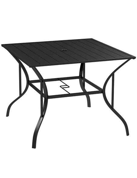 Outsunny 94 x 94 cm Garden Table with Parasol Hole, Outdoor Dining Garden Table for Four with Slatted Metal Plate Top, Black