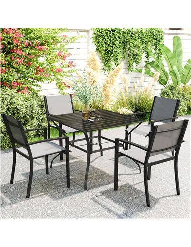 Outsunny 94 x 94 cm Garden Table with Parasol Hole, Outdoor Dining Garden Table for Four with Slatted Metal Plate Top, Black