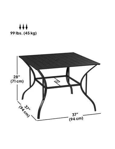 Outsunny 94 x 94 cm Garden Table with Parasol Hole, Outdoor Dining Garden Table for Four with Slatted Metal Plate Top, Black