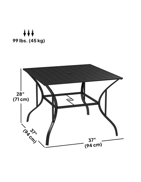 Outsunny 94 x 94 cm Garden Table with Parasol Hole, Outdoor Dining Garden Table for Four with Slatted Metal Plate Top, Black