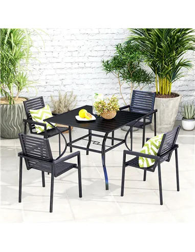 Outsunny 94 x 94 cm Garden Table with Parasol Hole, Outdoor Dining Garden Table for Four with Slatted Metal Plate Top, Black
