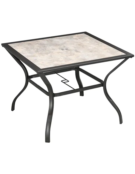 Outsunny 94 x 94 cm Garden Table with Parasol Hole, Outdoor Dining Table for 4, Square Patio Table with Stone-Grain Effect PC Bo