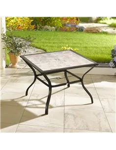 Outsunny 94 x 94 cm Garden Table with Parasol Hole, Outdoor Dining Table for 4, Square Patio Table with Stone-Grain Effect PC Bo 2