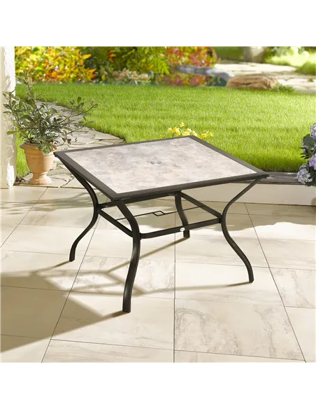 Outsunny 94 x 94 cm Garden Table with Parasol Hole, Outdoor Dining Table for 4, Square Patio Table with Stone-Grain Effect PC Bo