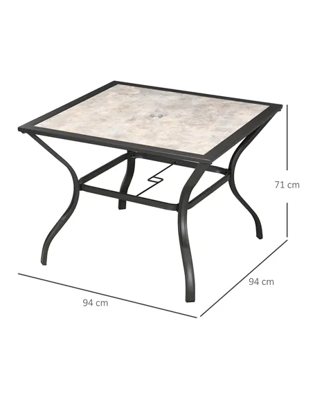 Outsunny 94 x 94 cm Garden Table with Parasol Hole, Outdoor Dining Table for 4, Square Patio Table with Stone-Grain Effect PC Bo