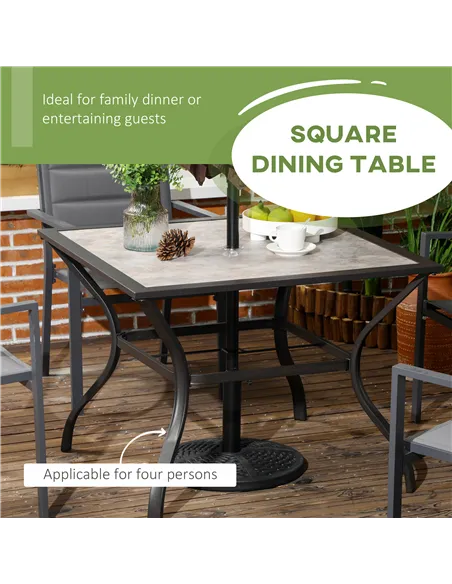 Outsunny 94 x 94 cm Garden Table with Parasol Hole, Outdoor Dining Table for 4, Square Patio Table with Stone-Grain Effect PC Bo