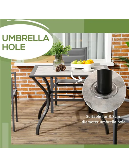 Outsunny 94 x 94 cm Garden Table with Parasol Hole, Outdoor Dining Table for 4, Square Patio Table with Stone-Grain Effect PC Bo