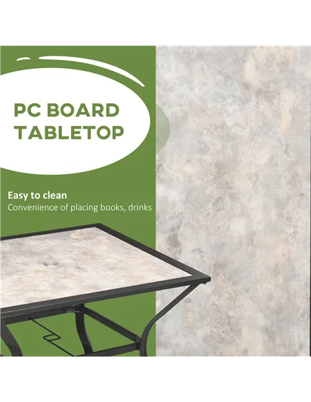 Outsunny 94 x 94 cm Garden Table with Parasol Hole, Outdoor Dining Table for 4, Square Patio Table with Stone-Grain Effect PC Bo