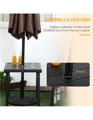 Outsunny Garden Side Table End Table Patio Coffee Table with Umbrella Hole, Steel Frame for Balcony, Black