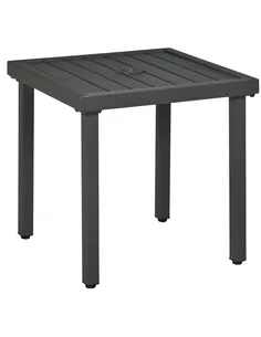 Outsunny Garden Side Table, 51x51cm Square Patio Coffee Table with Umbrella Hole, End Table with Steel Frame for Balcony, Grey