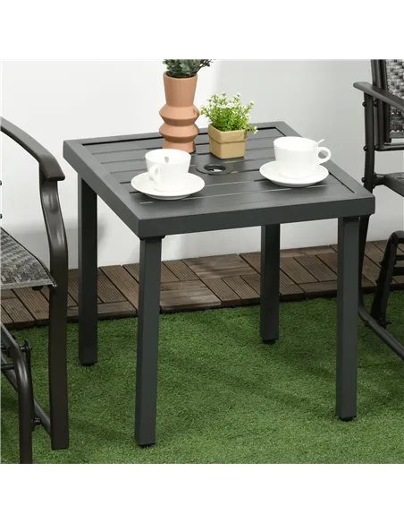 Outsunny Garden Side Table, 51x51cm Square Patio Coffee Table with Umbrella Hole, End Table with Steel Frame for Balcony, Grey