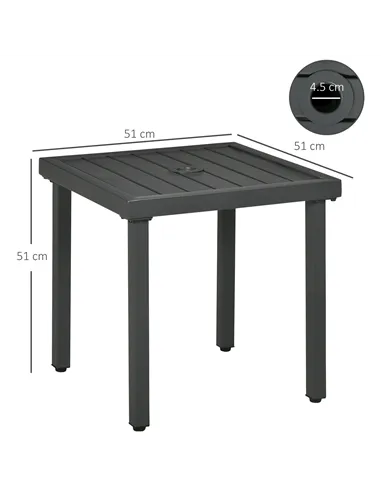 Outsunny Garden Side Table, 51x51cm Square Patio Coffee Table with Umbrella Hole, End Table with Steel Frame for Balcony, Grey
