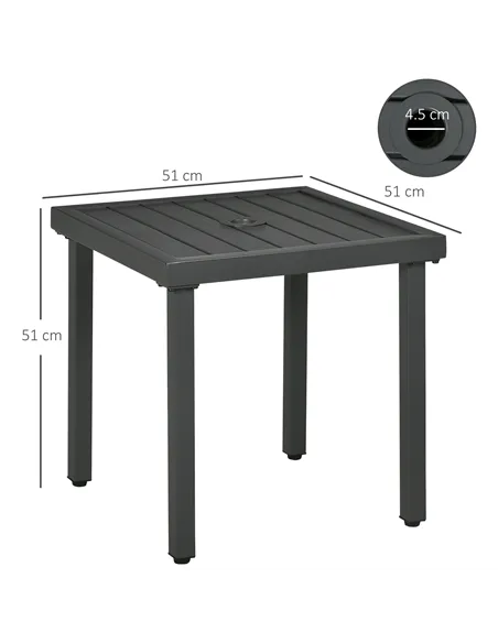 Outsunny Garden Side Table, 51x51cm Square Patio Coffee Table with Umbrella Hole, End Table with Steel Frame for Balcony, Grey